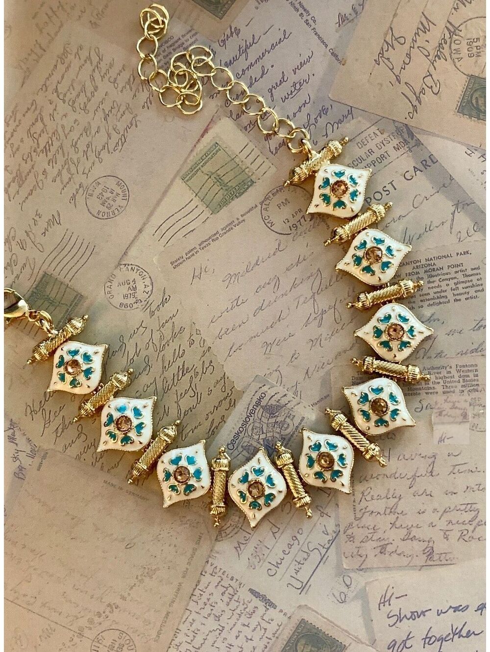 White Teal Enamel Rhinestone Diamond Link Collar Necklace